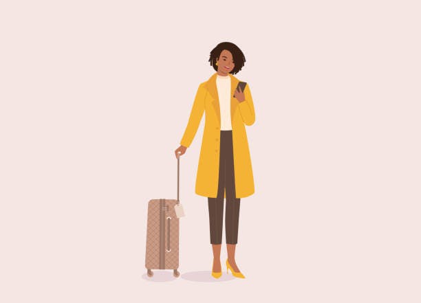 A smiling illustrated woman with a suitcase and a smartphone, dressed in a yellow coat and matching shoes.