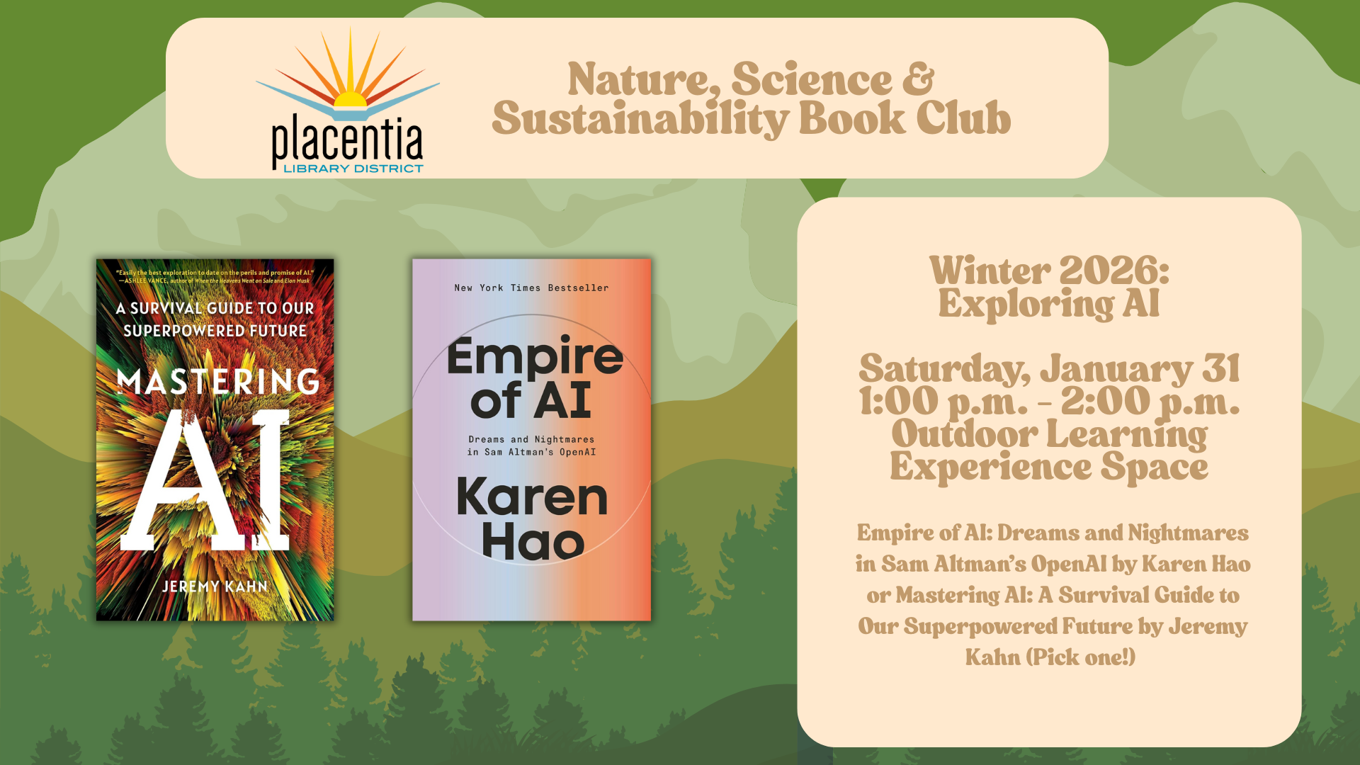 The image promotes a book club meeting on January 31, 2026, featuring discussions on AI books by Karen Hao and Jeremy Kahn.