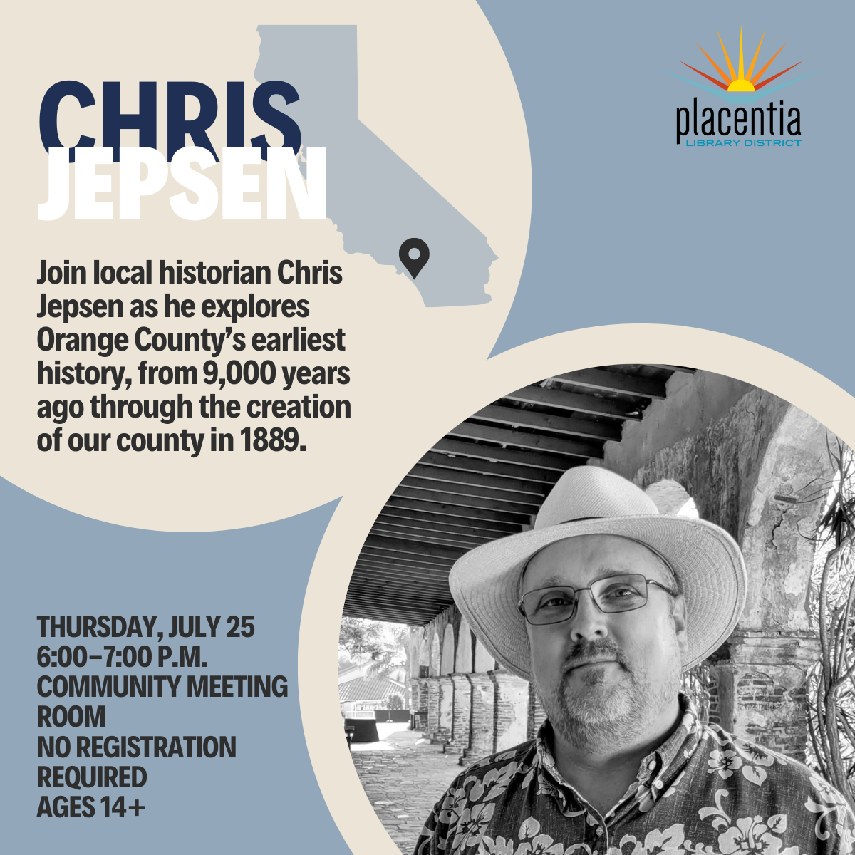 An event flyer featuring a historian discussing Orange County's history at a library event, with date, time, and location details.