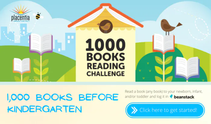 Colorful promotional image for a "1000 Books Before Kindergarten" reading challenge, featuring books, a bird, and a "click here" button.