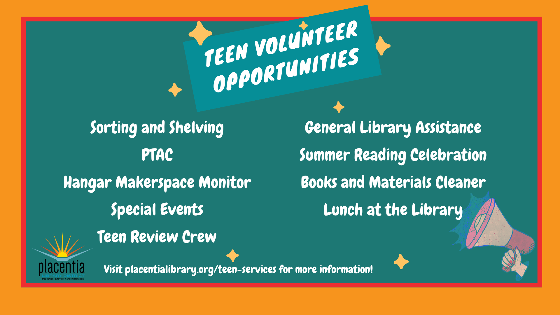 Teen volunteer opportunities at a library with activities like sorting, events, and reading celebrations.