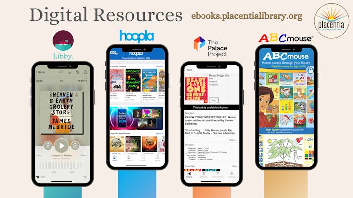 Digital resources from Placentia Library: Libby, Hoopla, The Palace Project, ABCmouse. Access via ebooks.placentialibrary.org.