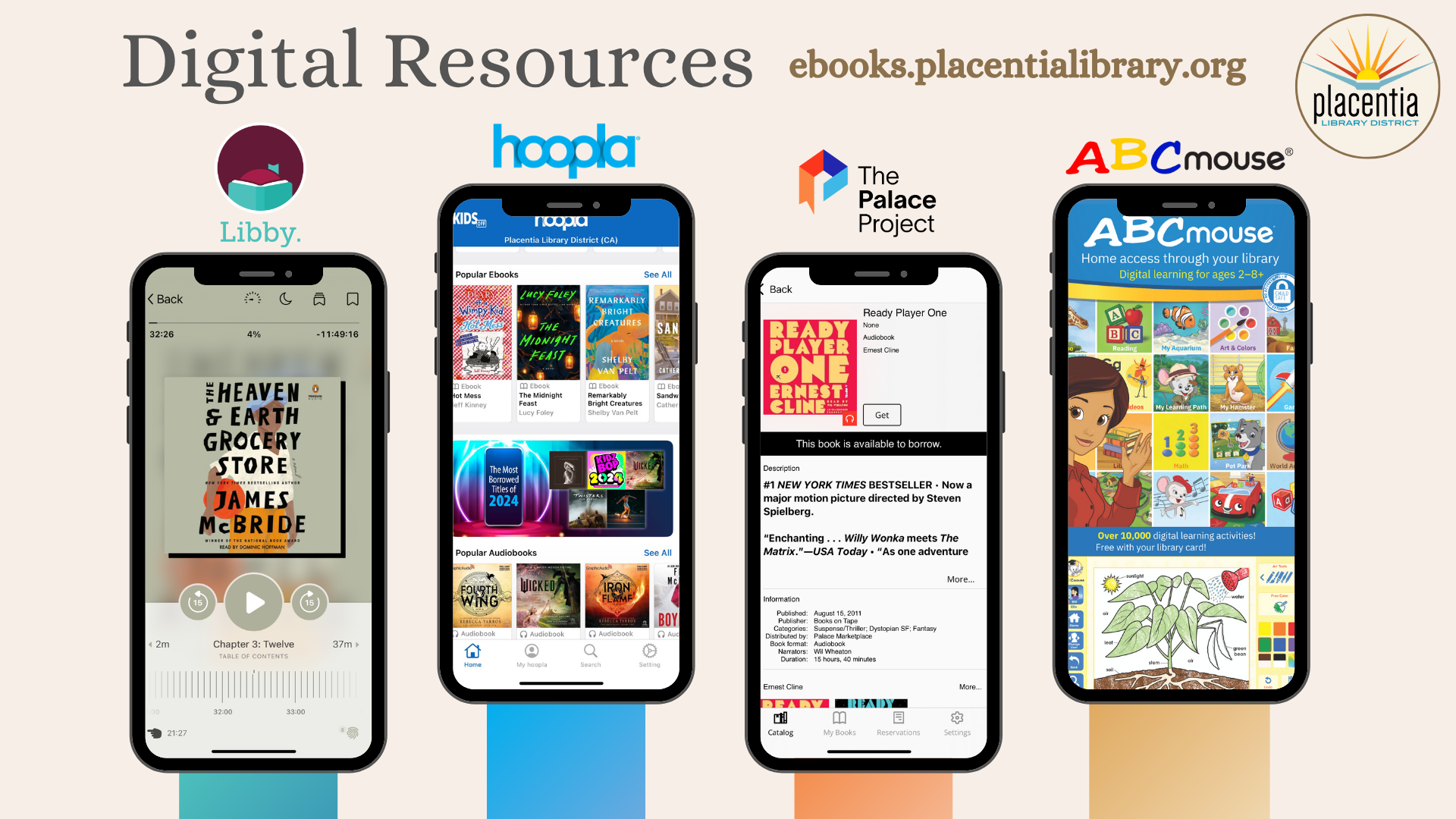 Digital resources from Placentia Library: Libby, Hoopla, The Palace Project, ABCmouse. Access via ebooks.placentialibrary.org.