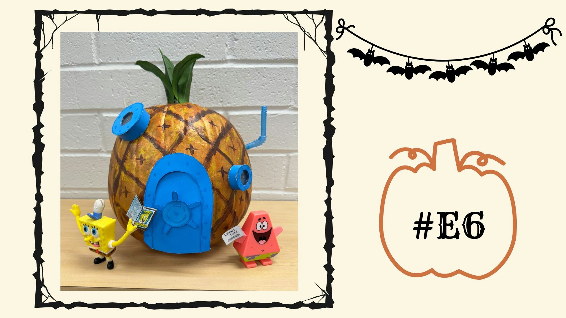 A pineapple house with SpongeBob and Patrick figures, framed with festive Halloween decorations and a hashtag.