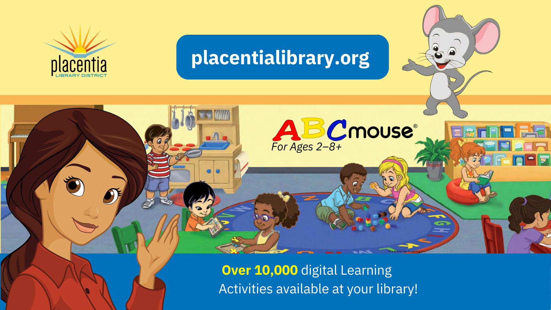 Children's library advert for ABCmouse, featuring cartoon kids, a teacher, and a mouse mascot.