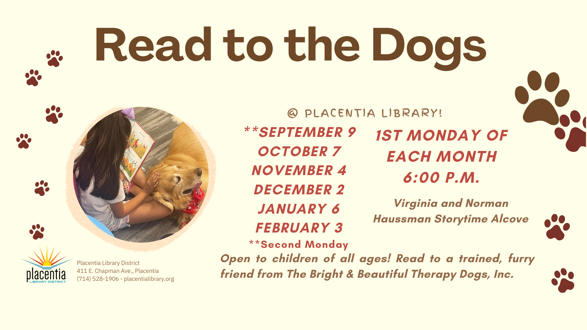 A flyer for a "Read to the Dogs" program at Placentia Library with dates, times, and a child reading to a dog.