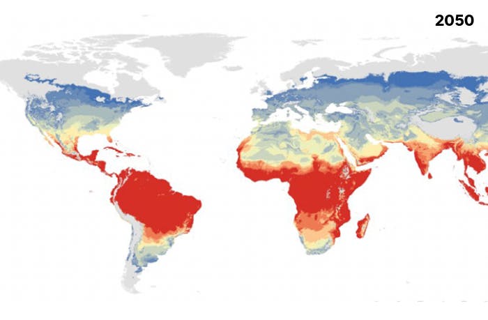 Global climate map for 2050 showing temperature zones, with colors indicating different climates.