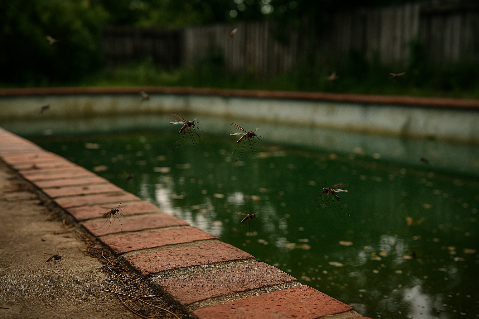 A group of mosquitoes flying over a murky green swimming pool next to a brick edge, with a fence and trees in the background.