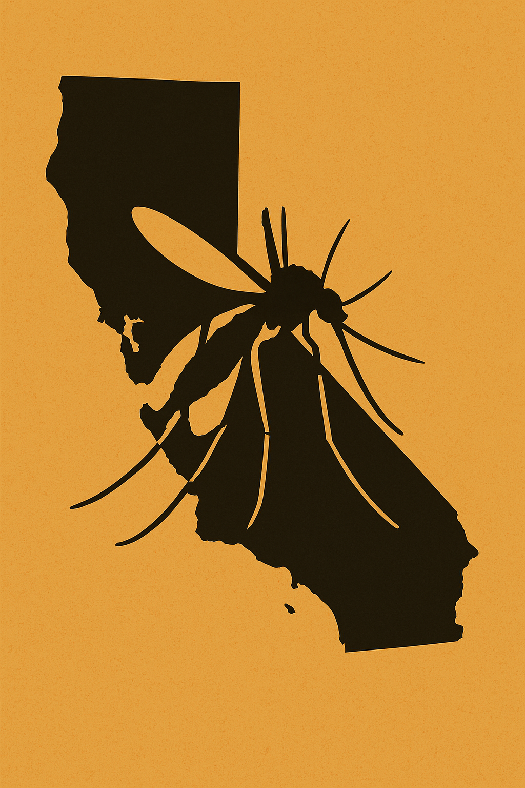 Silhouette of a mosquito over the shape of California on an orange background.