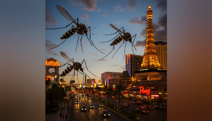 Giant mosquitoes digitally added over a cityscape with vibrant lights, including a replica of the Eiffel Tower at dusk.