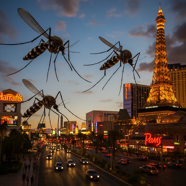 Giant mosquitoes digitally added over a cityscape with vibrant lights, including a replica of the Eiffel Tower at dusk.