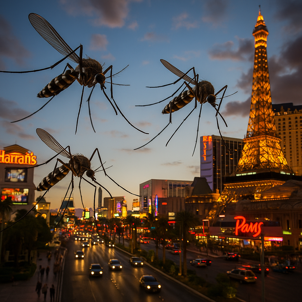 Giant mosquitoes digitally added over a cityscape with vibrant lights, including a replica of the Eiffel Tower at dusk.