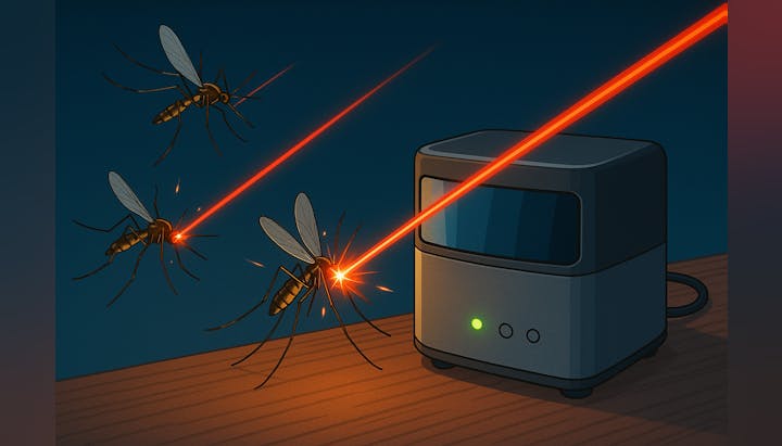 A laser device targeting and hitting mosquitoes in the air on a wooden surface.