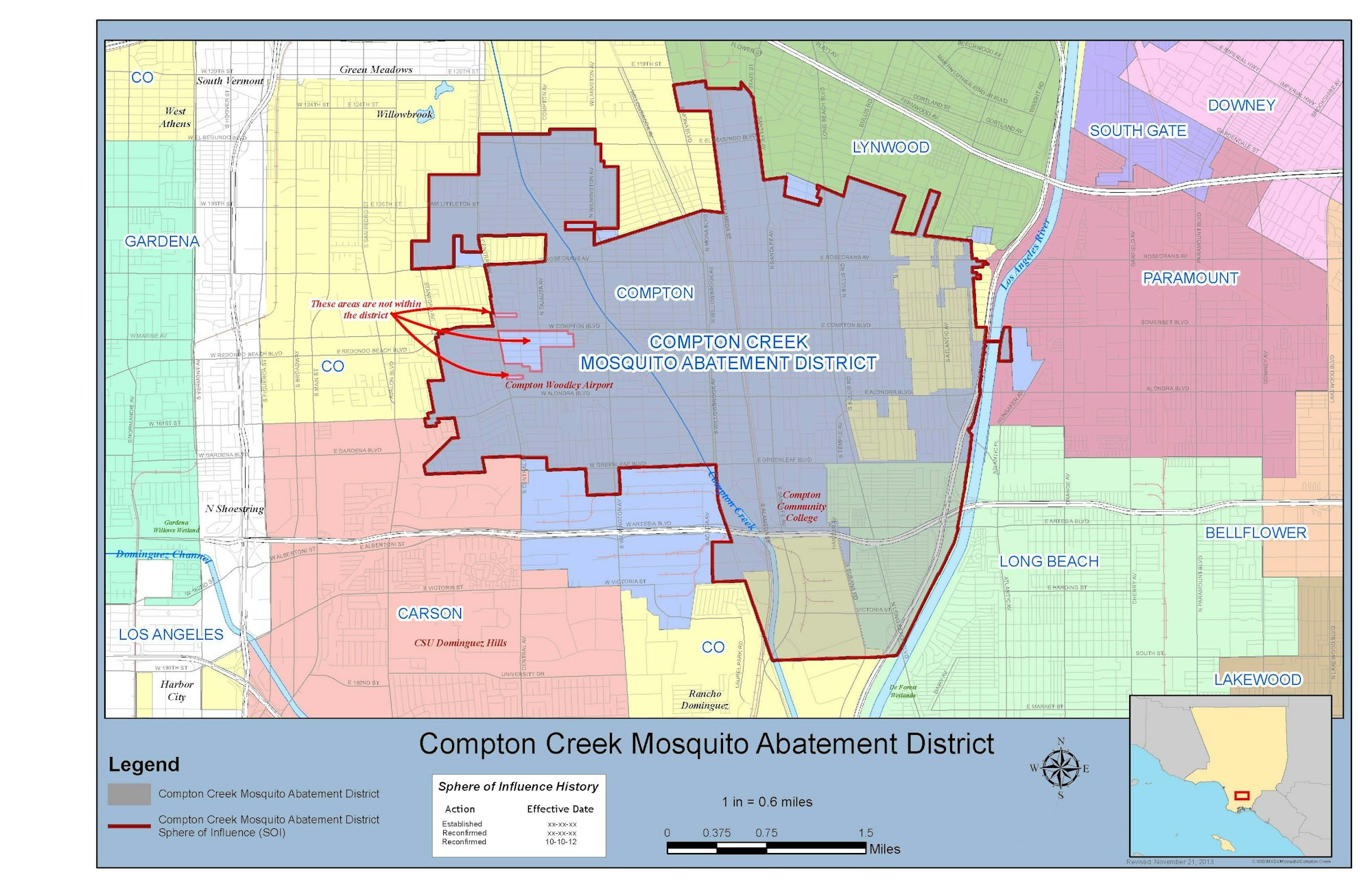 The image shows a map of the Compton Creek Mosquito Abatement District, detailing its boundaries and neighboring areas.