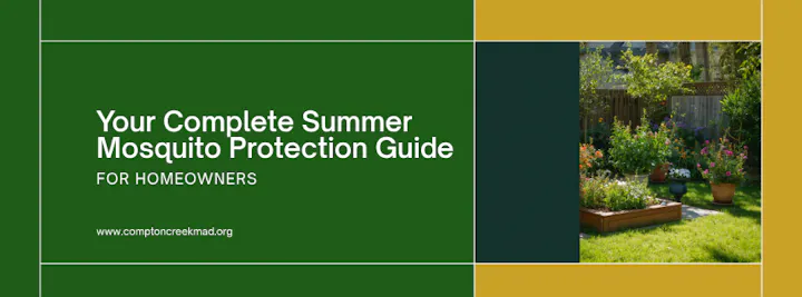 A guide for homeowners on summer mosquito protection, featuring a garden scene.