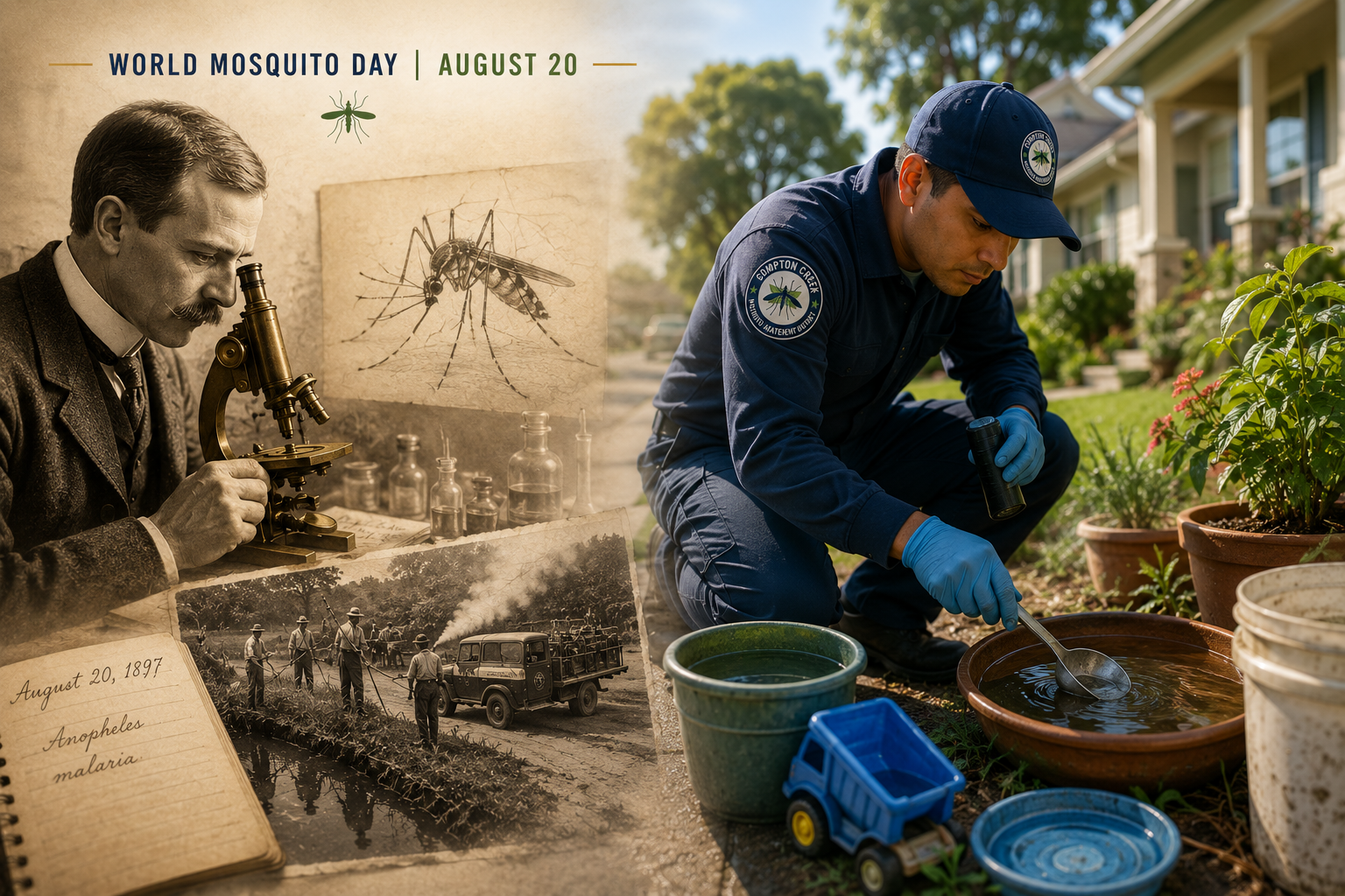 The image highlights World Mosquito Day with historic and modern efforts to combat malaria and mosquito-related diseases.