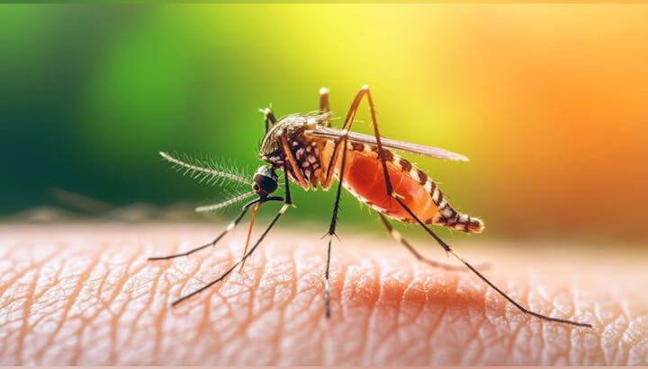 A mosquito on human skin, with a blurred, colorful background.