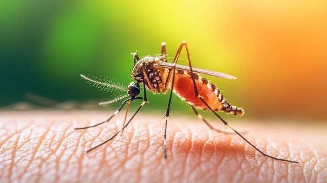 A mosquito on human skin, with a blurred, colorful background.