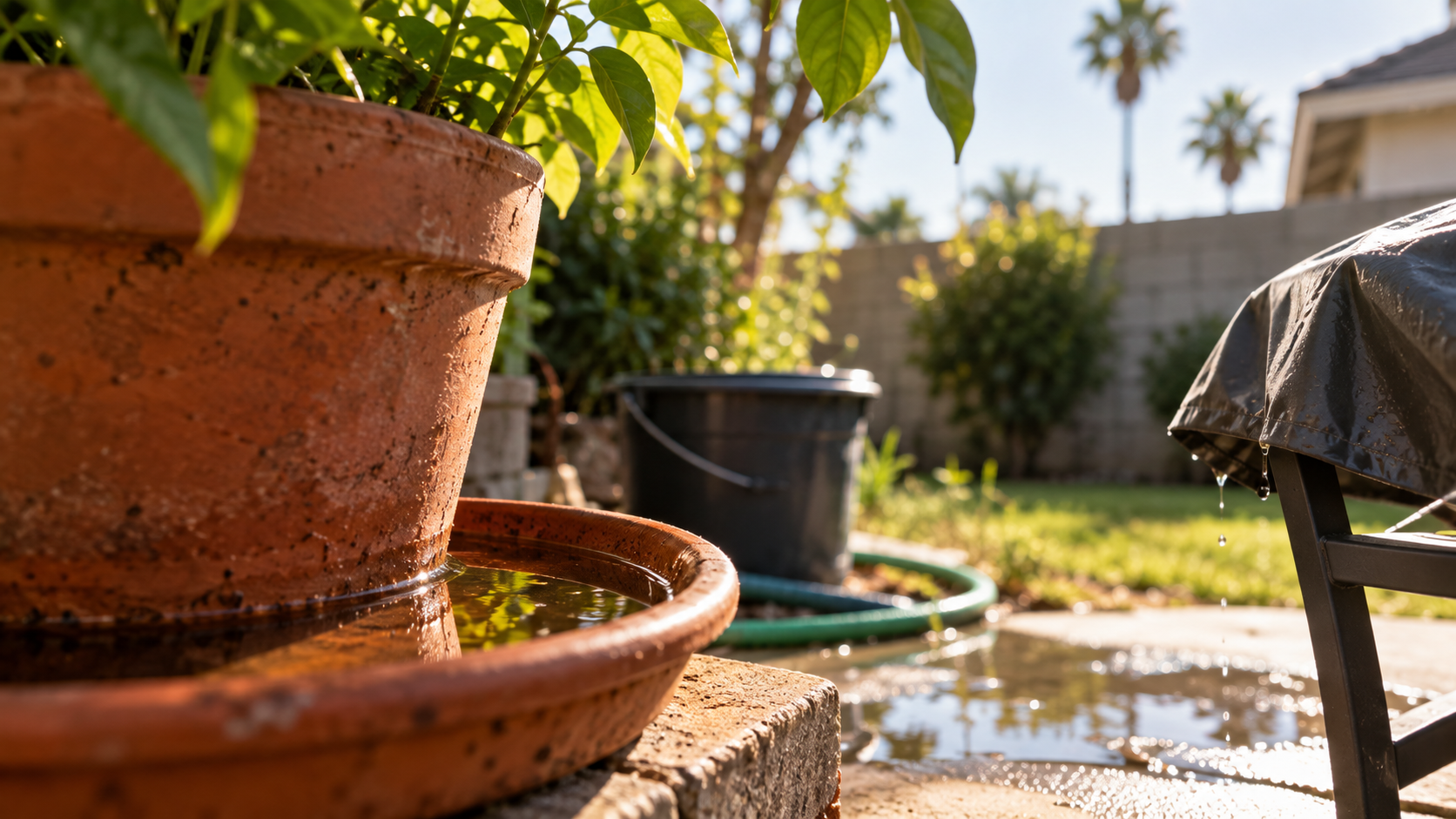A terracotta pot with water, a green plant, a black bucket, and a wet chair in a sunny backyard setting.