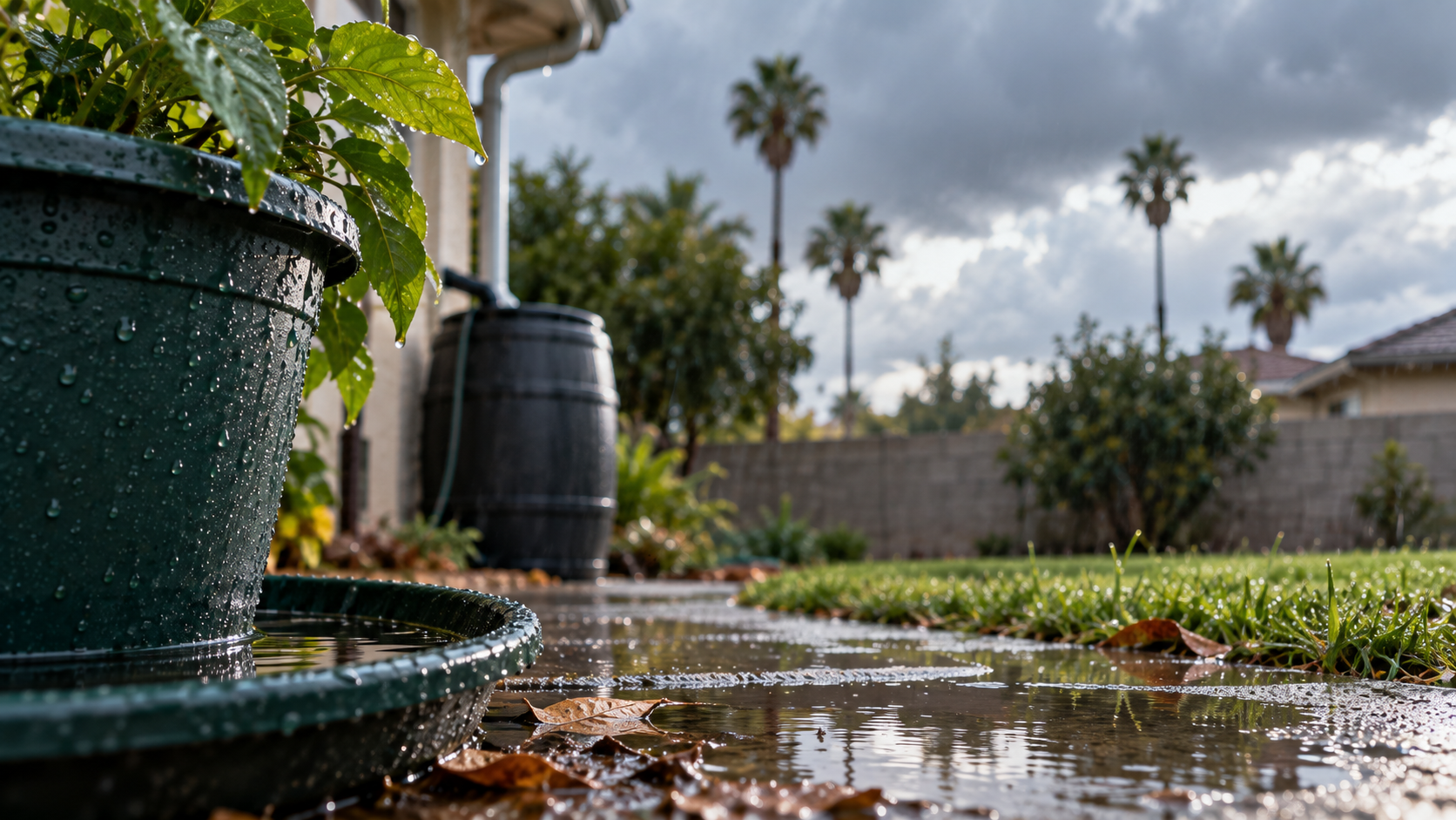 A garden scene with a potted plant, water pooling on the ground, fallen leaves, and palm trees under a cloudy sky.