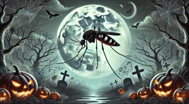 Spooky Halloween scene with jack-o'-lanterns, full moon, bats, graveyard, and a giant mosquito.