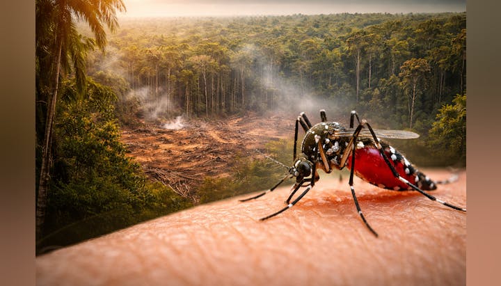 A close-up of a mosquito on skin, with a deforested landscape and smoke in the background, highlighting environmental issues.