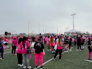 A group of people wearing pink, likely at an outdoor event or gathering, possibly for breast cancer awareness.