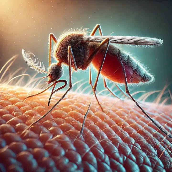 A close-up of a mosquito feeding on skin.