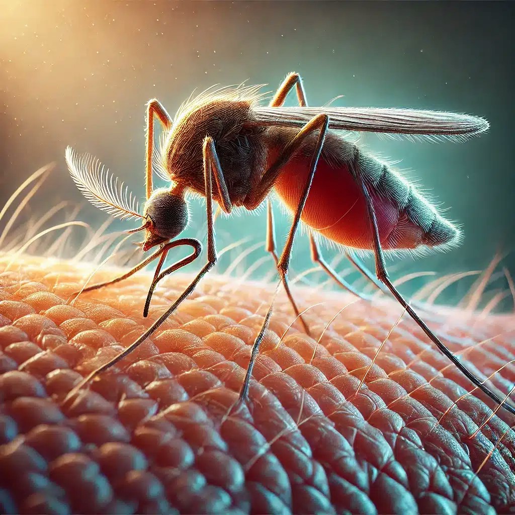 A close-up of a mosquito feeding on skin.