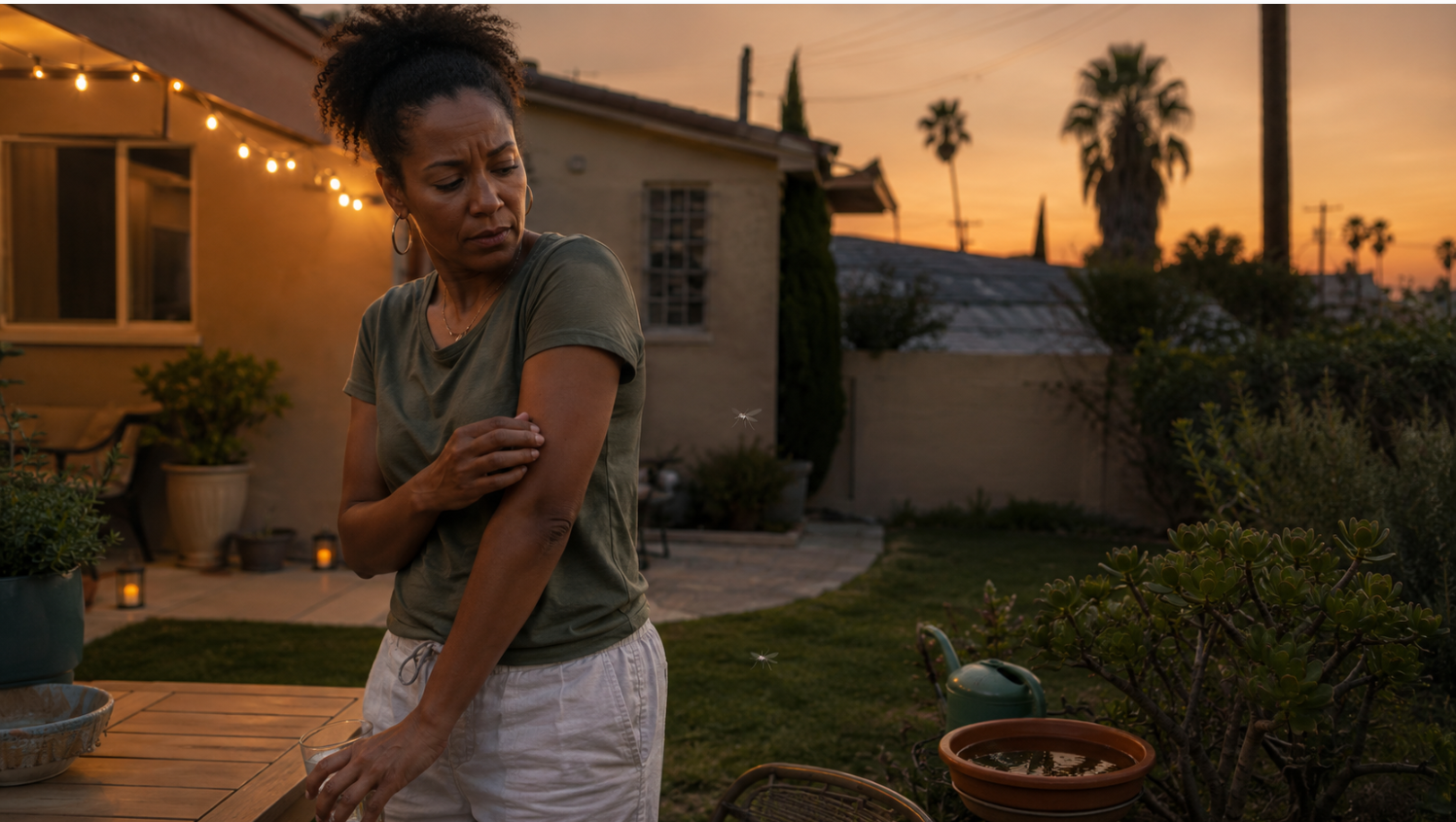 A woman looks concerned while standing outside in the evening, touching her arm with a sunset backdrop and decorative lights.