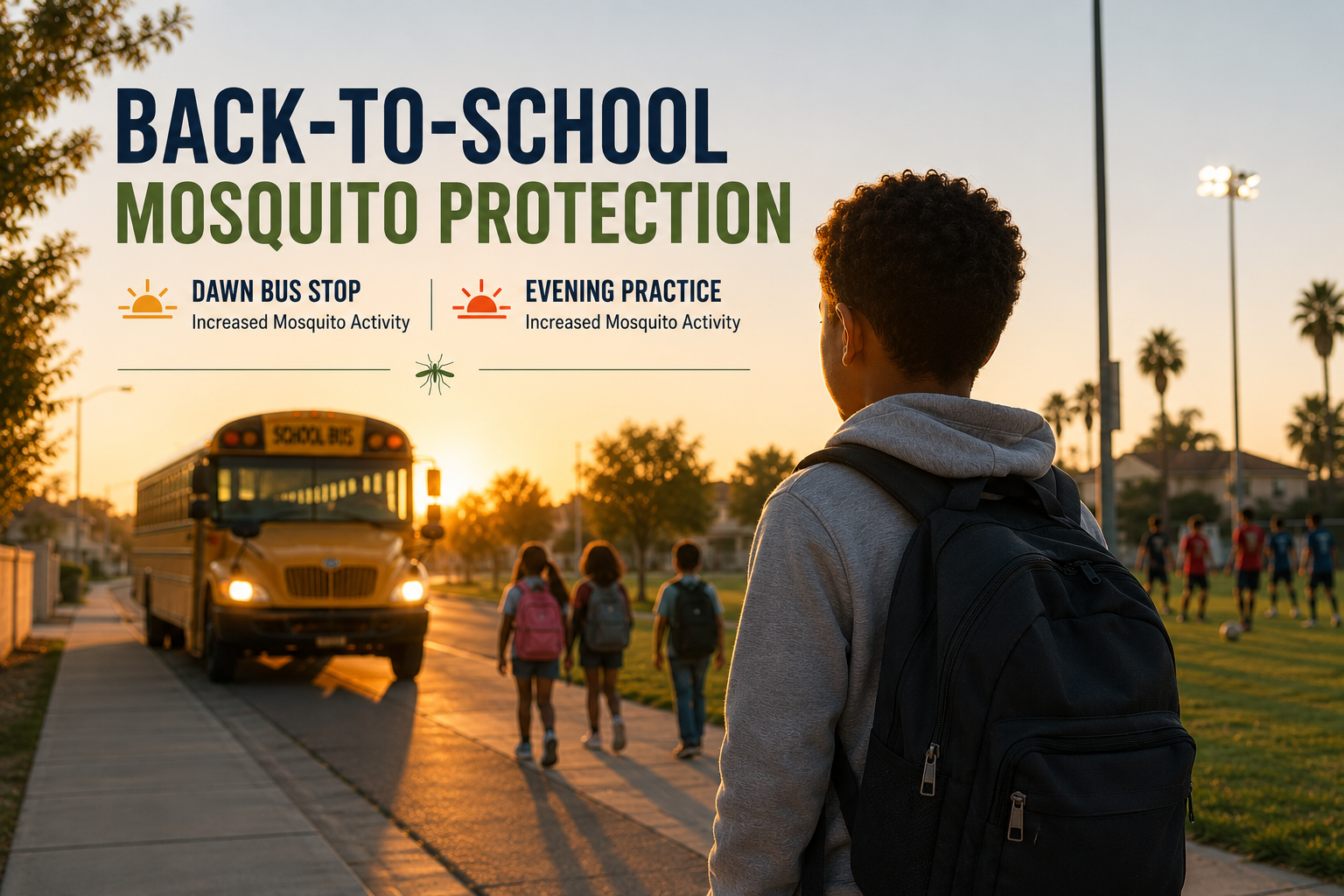 An educational graphic promoting mosquito protection for back-to-school activities, highlighting dawn and evening times.