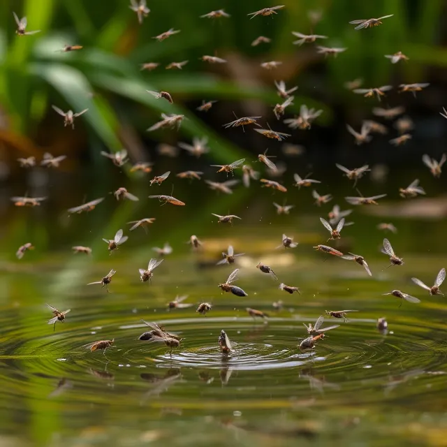 Mosquitoes buzz in the air around a stagnant pool of water.