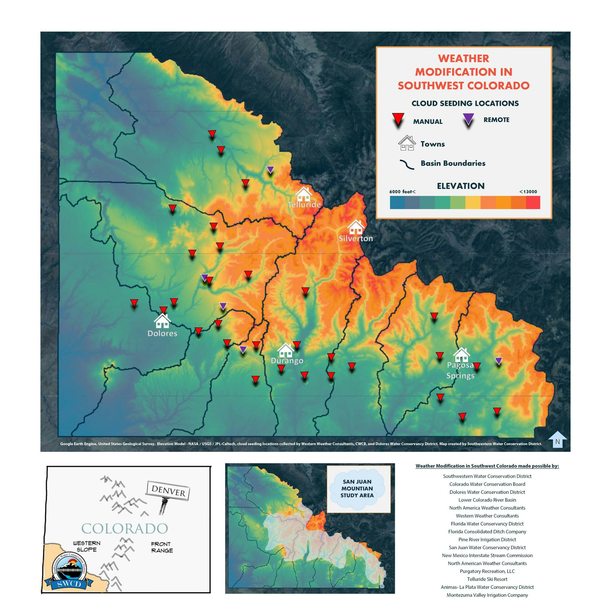 Map of Southwest Colorado showing weather modification (cloud seeding) locations, elevation, and towns.