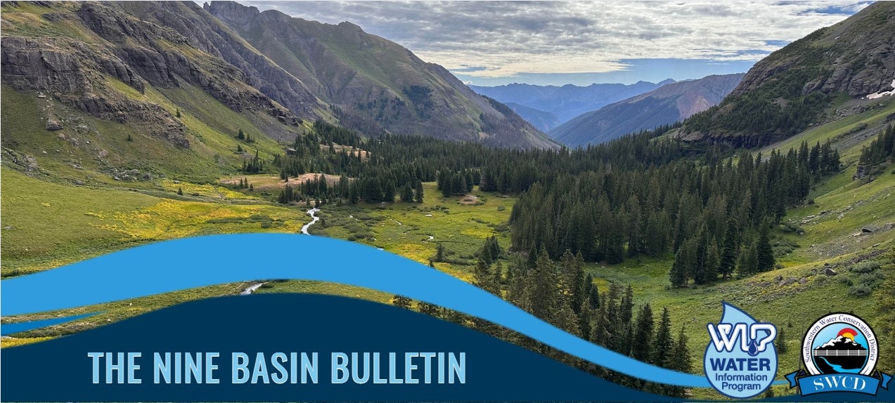 Mountainous landscape with a meandering stream, greenery, and overlay text/logo "THE NINE BASIN BULLETIN."