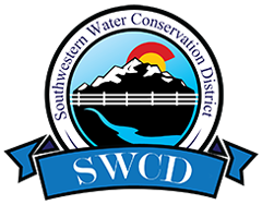 A logo featuring a mountain, sun, water, and the text "Southwestern Water Conservation District," with the acronym "SWCD" on a blue banner.