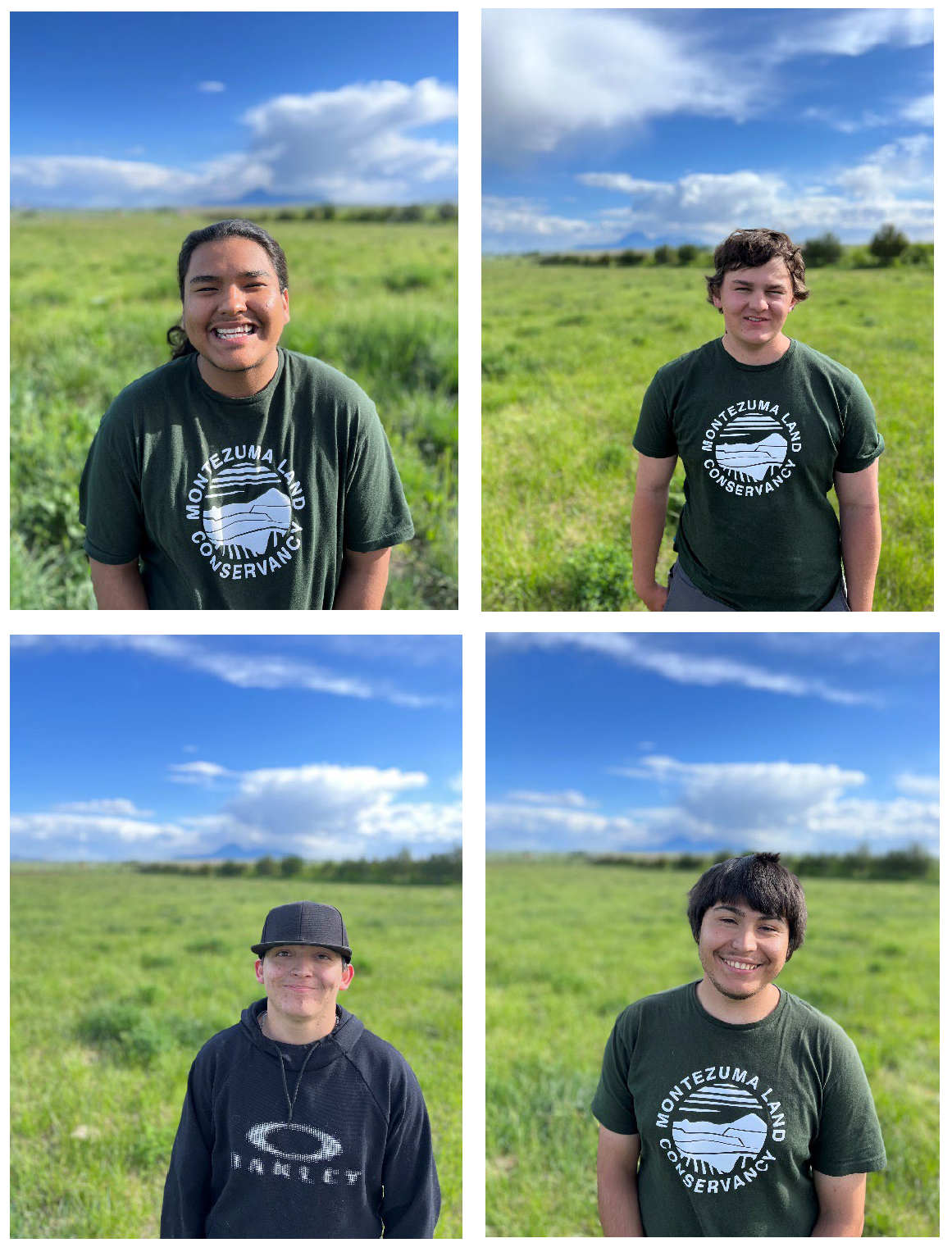 Four individuals in a green field with blue skies.