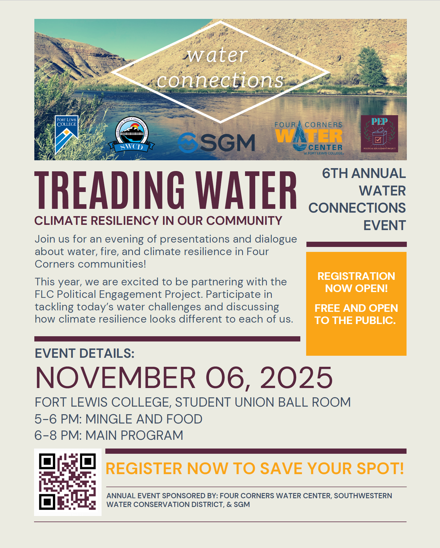 Event flyer for “Treading Water: Climate Resiliency” on Nov 6, 2025, at Fort Lewis College. Registration open, free to the public.