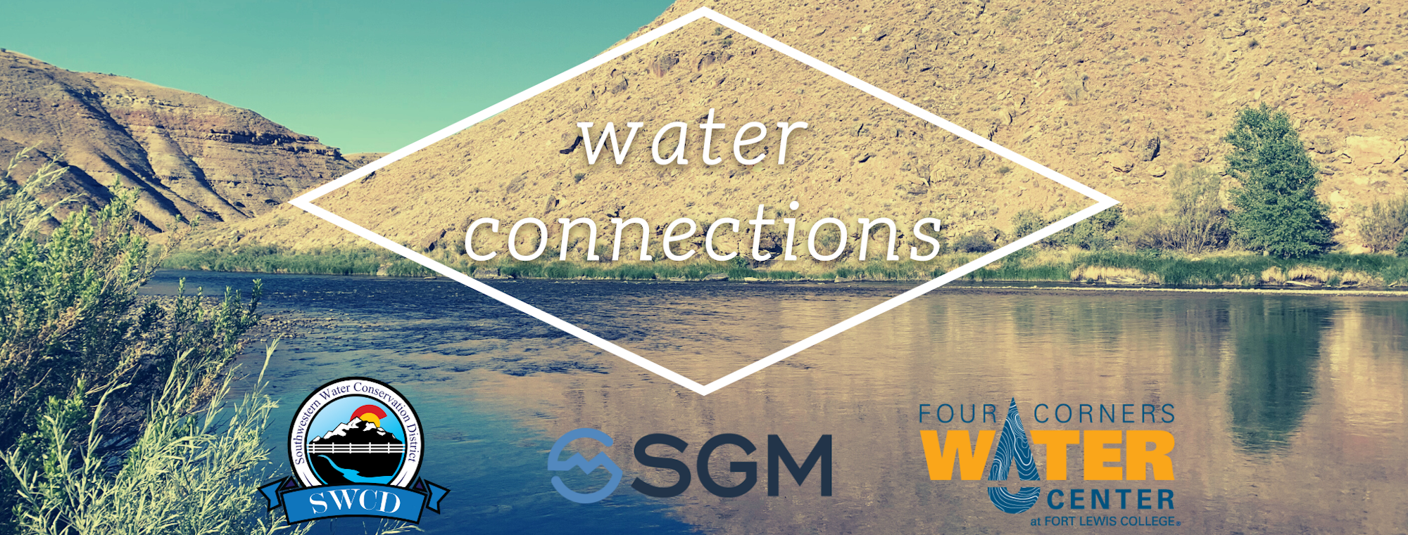 A scenic river landscape with text "water connections" and logos for water organizations.