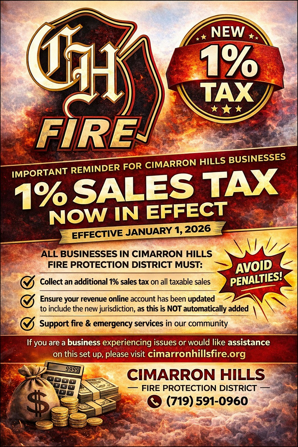 Cimarron Hills businesses must collect a new 1% sales tax effective January 1, 2026. Ensure compliance to avoid penalties.
