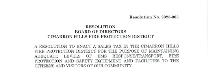 A resolution to enact a sales tax for maintaining EMS and fire protection services in Cimarron Hills Fire Protection District.