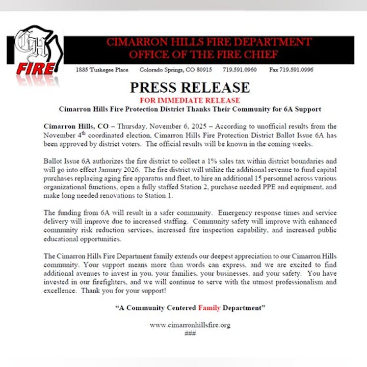 Cimarron Hills Fire Dept. thanks community for supporting Ballot Issue 6A, enabling a 1% sales tax for enhancements and safety improvements.