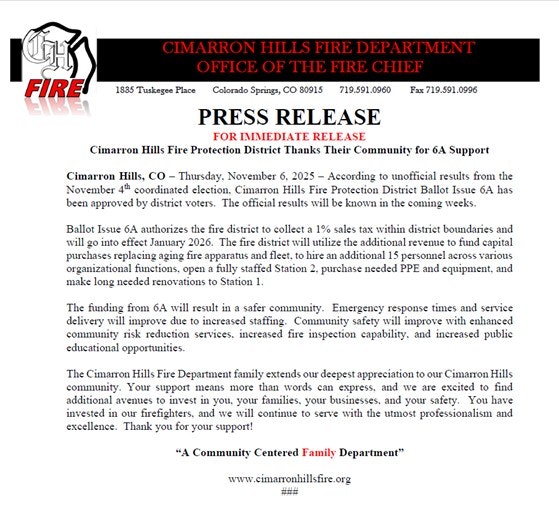Cimarron Hills Fire Dept. thanks community for supporting Ballot Issue 6A, enabling a 1% sales tax for enhancements and safety improvements.