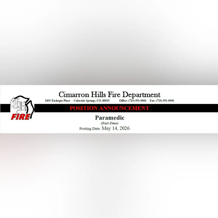 Cimarron Hills Fire Department announces a full-time Paramedic position, posted on May 14, 2026.