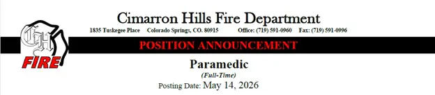 Cimarron Hills Fire Department announces a full-time Paramedic position, posted on May 14, 2026.