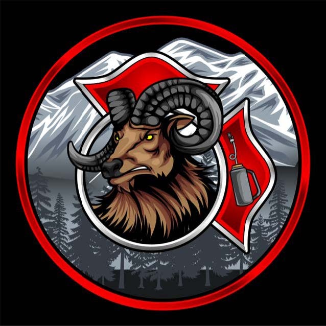 Illustration of a ram with mountains in the background, surrounded by red shapes and a fire extinguisher design.