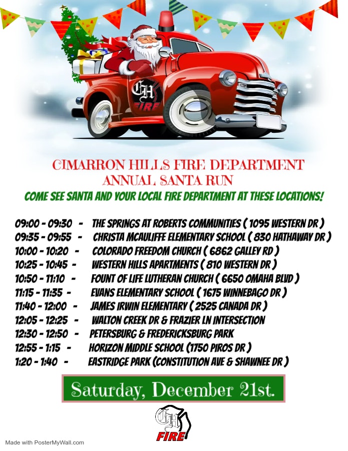 Cimarron Hills Fire Dept. Annual Santa Run schedule for Dec 21st; visit times and locations listed.