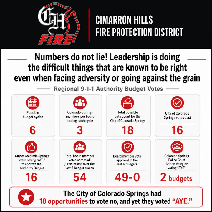 The image outlines budget voting details for the Cimarron Hills Fire Protection District, highlighting votes and participation.