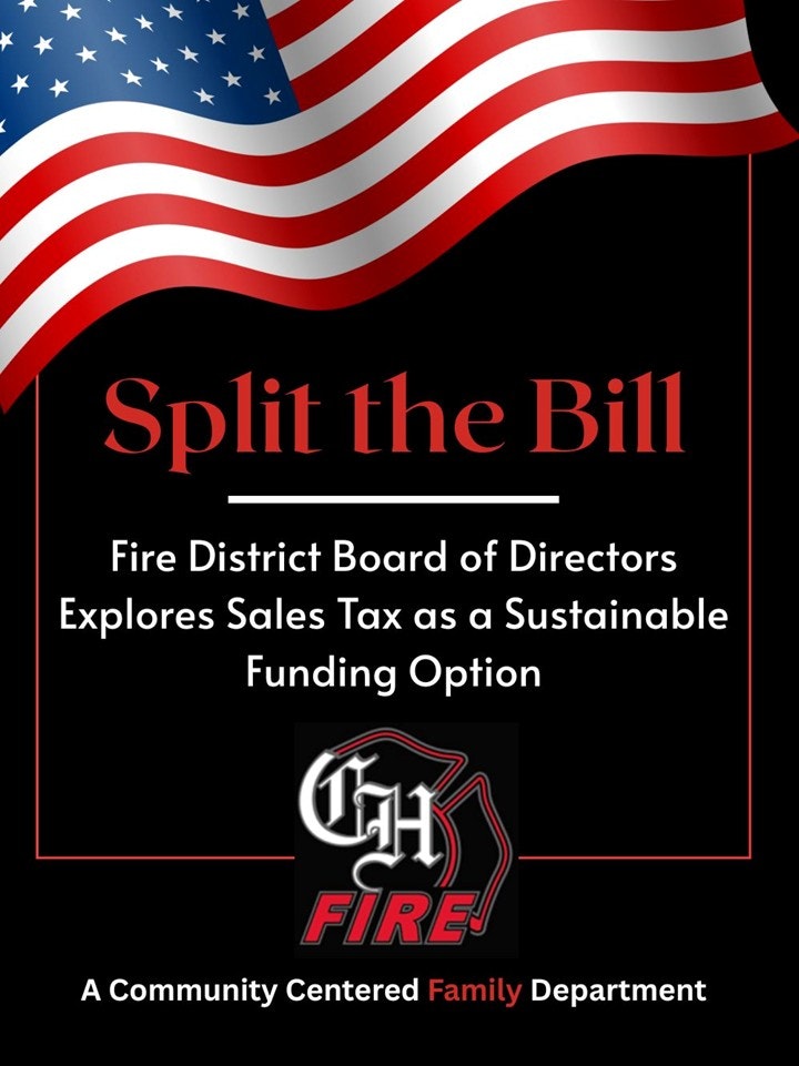 "Split the Bill" poster featuring a flag, discussing a sales tax proposal by a fire district board for sustainable funding.