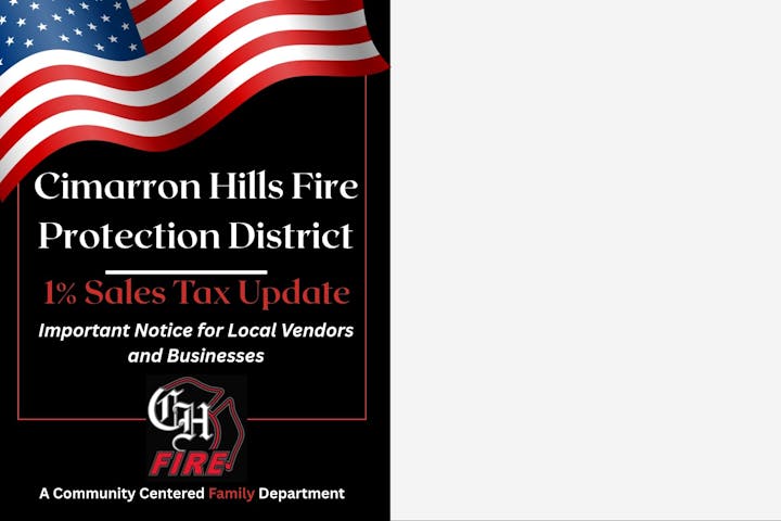 The image announces a 1% sales tax update from the Cimarron Hills Fire Protection District, aimed at local vendors and businesses.