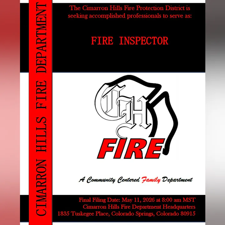 The image is a job posting for a Fire Inspector at the Cimarron Hills Fire Protection District, with a filing date of May 11, 2026.